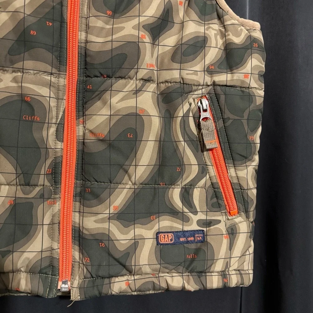 Gap Boys Small Green Orange Topographic Map Print Puffer Vest